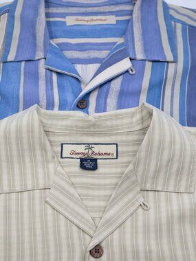 LOT of 2 Tommy Bahama 100% Linen Striped Hawaiian Camp Shirts M L